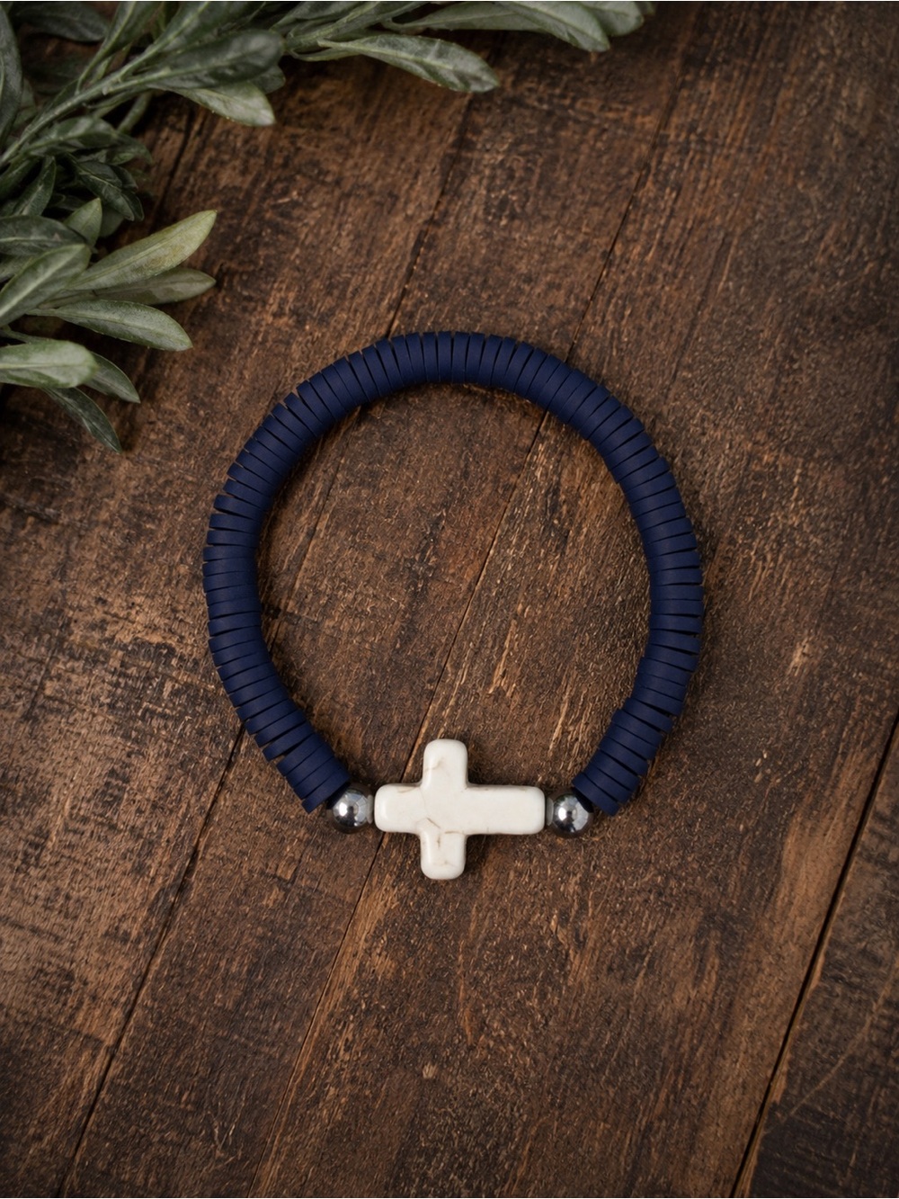 Navy Beaded Bracelet with White Cross